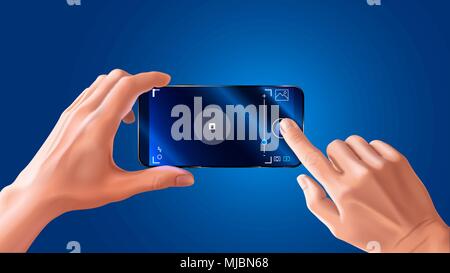 The phone in hand. Horizontal view. Video or photo camera viewfinder recording interface. VECTOR Stock Vector