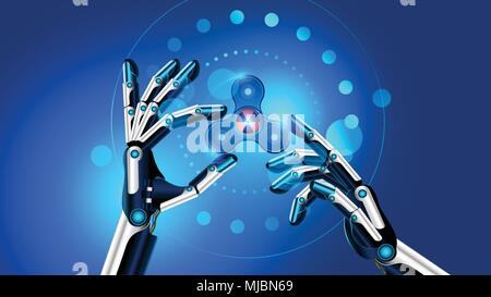Hand spinner toy in robot hands. the robot shows the fidget toy for increased focus, stress relief. Future blue background. VECTOR Stock Vector