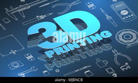 3d printing isometric background Diy and repair concept . Set Collection tools. the engine, coil filament, pliers, needle files, pliers, tester, solde Stock Vector