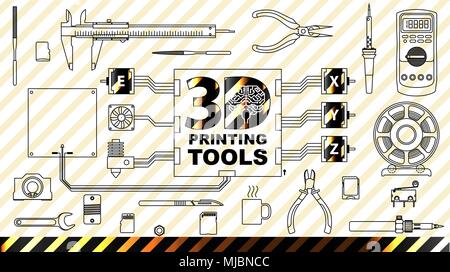 3d printing concept background Diy and repair. Set Collection tools. the engine, the coil filament, pliers, needle files, pliers, tester, soldering ir Stock Vector