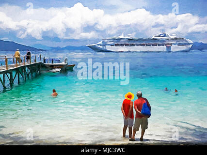 Cruise ship passengers on beach at Doini Island Stock Photo