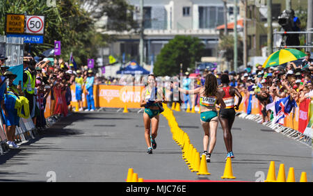 GOLD COAST, AUSTRALIA - APRIL 8: Jemima Montag of Australia crossing the finishing line to win the Women's 20k Walk at the Gold Coast 2018 Commonwealt Stock Photo