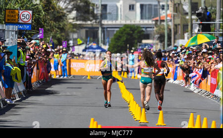 GOLD COAST, AUSTRALIA - APRIL 8: Jemima Montag of Australia crossing the finishing line to win the Women's 20k Walk at the Gold Coast 2018 Commonwealt Stock Photo