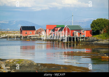 colorful wooden houses in midnight sun on the Island of Lovund in northern Norway close to the Arctic circle , landscape Stock Photo