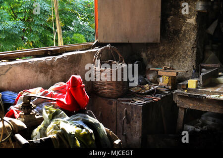 The interior of an old soap atelier with a traditional Lebanese wicker basket in Tripoli, Lebanon. Stock Photo