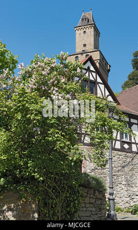 View on half timbered houses and castle tower in the historic old town of Kronberg im Taunus, Hesse, Germany
