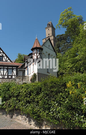 View on half timbered houses and castle tower in the historic old town of Kronberg im Taunus, Hesse, Germany