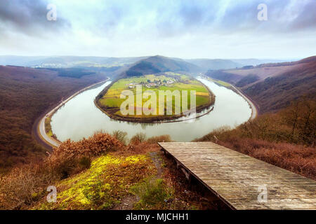 The Saar river bend near Taben-Rodt on a cold day in winter Stock Photo
