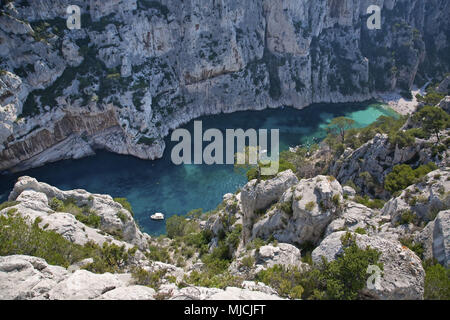 Bay Calanque En-Vau near Cassis, Provence, Massif of the Calanques, Provence-Alpes-Cote d'Azur, France, Stock Photo