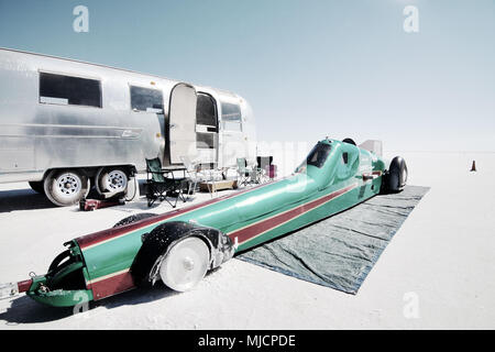 Self-built racing car, Bonneville Speed Week, Great Salt Lake, Utah, caravan Stock Photo