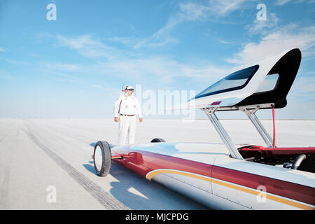 Famous starter Jim Jenson, self-built racing car, Bonneville Speed Week, Great Salt Lake, Utah, Stock Photo