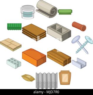 Building material icons set, cartoon style Stock Vector