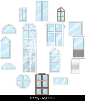 Window design types icons set, cartoon style Stock Vector