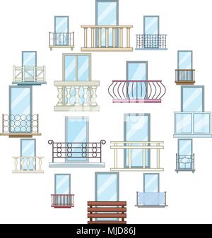 Balcony window forms icons set, cartoon style Stock Vector