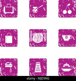 Hearty breakfast icons set, grunge style Stock Vector