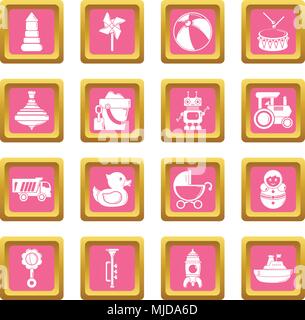 Kids toys icons set pink square vector Stock Vector