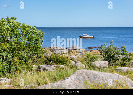 Fishing boat in front of the east coast of Bornholm south of Årsdale, Europe, Denmark, Bornholm, Stock Photo