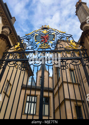 Entrance gate with coat of arms of Palais Grand-Ducal, Ducal Palace, Luxembourg, worm's-eye view Stock Photo