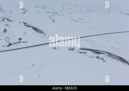 Iceland, bird's eye view, cars on the ring road in the winter Stock Photo