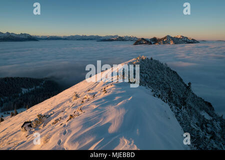 view from the Jochberg over Walchensee (Lake Walchen) to the Herzogstand while high fog, Bavarian Alps, Bavaria, Germany Stock Photo