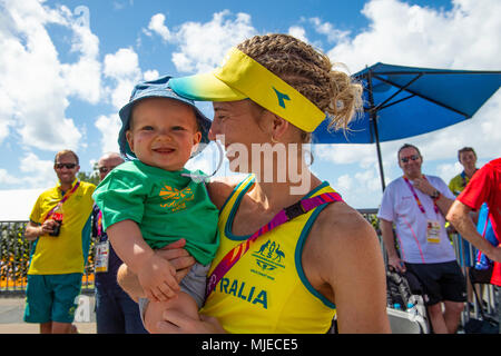 GOLD COAST, AUSTRALIA - APRIL 8: Claire Tallent of Australia with her baby son after the Women's 20k Walk at the Gold Coast 2018 Commonwealth Games at Stock Photo