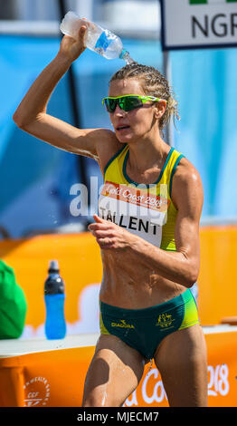 GOLD COAST, AUSTRALIA - APRIL 8: Claire Tallent of Australia grabbing some water in the Women's 20k Walk at the Gold Coast 2018 Commonwealth Games at  Stock Photo