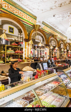 England, London, Knightsbridge, Harrods, Food Hall, Chocolate Counter Stock Photo