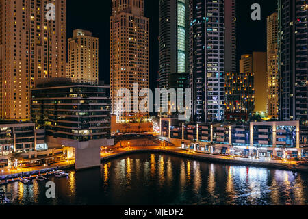 Dubai Marina at night Stock Photo