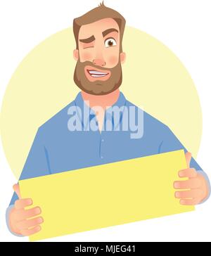Cartoon of Man or Businessman Holding Empty Speech Text Bubble or ...