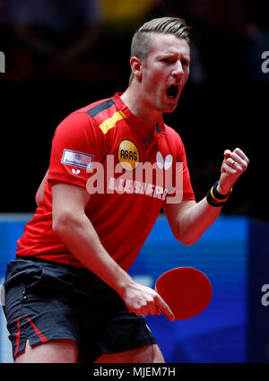Halmstad, Sweden. 4th May, 2018. Ruwen Filus of Germany reacts during the Men's group quarterfinal match against Eric Jouti of Brazil at the 2018 World Team Table Tennis Championships in Halmstad, Sweden, May 4, 2018. Credit: Ye Pingfan/Xinhua/Alamy Live News Stock Photo