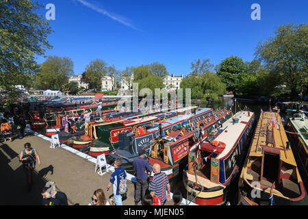 London, UK. 5th May, 2018. The  International Water Association (IWA) Canalway Cavalcade held over the May Bank Holiday weekend is London's biggest, brightest  and best waterways festival  with an array of boats, trade show stalls and boat gatherings  which has been taking place at Little Venice  in North London since 1983. Credit: amer ghazzal/Alamy Live News