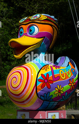 Ironbridge Gorge, Shropshire, UK. 5th May, 2018. The ‘Peace Duck’ art duck from the ‘Let’s Go Quackers’ Art Installation, part of the May Bank Holiday celebrations in the Ironbridge Gorge in Shropshire, England. Credit: Rob Carter/Alamy Live News Stock Photo