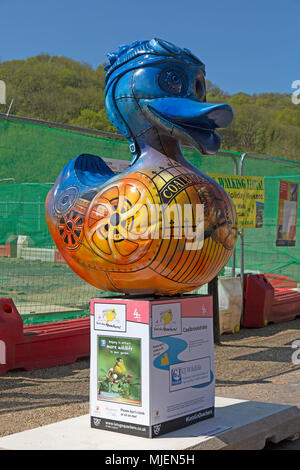 Ironbridge Gorge, Shropshire, UK. 5th May, 2018. The ‘Coalbrookdale’ art duck from the ‘Let’s Go Quackers’ Art Installation, part of the May Bank Holiday celebrations in the Ironbridge Gorge in Shropshire, England. Credit: Rob Carter/Alamy Live News Stock Photo