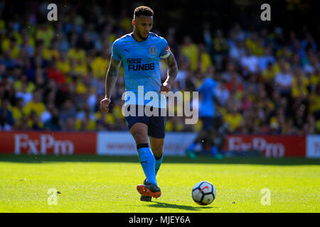 London, UK. 5th May, 2018. Jamaal Lascelles of Newcastle United in action. Premier League match, Watford v Newcastle United at Vicarage Road in Watford, London on Saturday 5th May 2018.  this image may only be used for Editorial purposes. Editorial use only, license required for commercial use. No use in betting, games or a single club/league/player publications. pic by Steffan Bowen/ Andrew Orchard sports photography/Alamy Live news Stock Photo