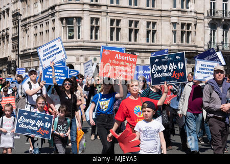 London, UK, 5th May 2018, Members of the March for Life UK held a march through central London. They clashed with members of the abortion rights group who were holding their own protest in Parliament Square. Credit: adrian looby/Alamy Live News