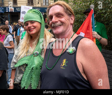 New York, USA, 5 May  2018. A protester with a marijuana-shaped hat participates in the NYC Cannabis parade, a four-decade old tradition in New York city to demand an end to cannabis prohibition. Photo by Enrique Shore / Alamy Live News Stock Photo