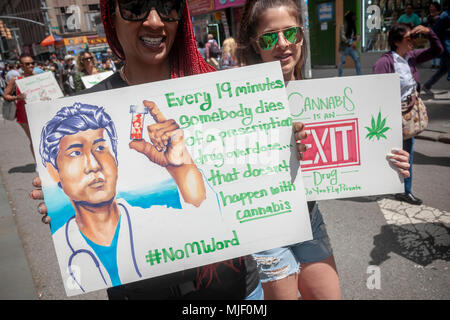 New York, USA. 5th May, 2018. Advocates for the legalization of marijuana march in New York on Saturday, May 5, 2018 at the annual NYC Cannabis Parade. The march included a wide range of demographics from millennials to old-time hippies. The participants in the parade are calling for the legalization of marijuana for medical treatment and for recreational uses. (© Richard B. Levine) Credit: Richard Levine/Alamy Live News Stock Photo