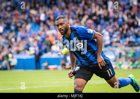 Montreal, Canada. 5 May, 2018. Montreal Impact forward Anthony Jackson-Hamel (11) celebrates his goal at the 52nd minute of the 2018 Major League Soccer regular season match between the Montreal Impact and the New England Revolution, at Stade Saputo. Credit: Pablo A. Ortiz / Alamy News Live Stock Photo