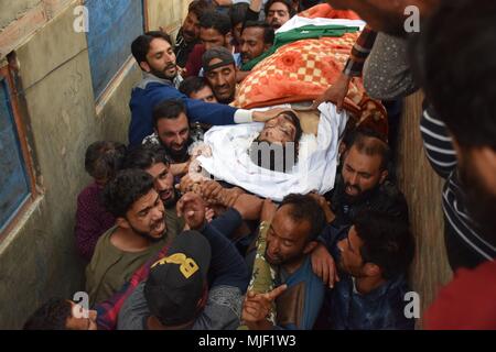 Srinagar, Jammu & Kashmir, India, May 5, 2018.  (EDITORS NOTE: Image depicts death.).Multiple Funeral processions held in srinagar summer capital of Indian Kashmir on Saturday of Fayaz Ahmed Hamal a LeT (Lashkar-e-Taiba) Militant and a Civilian Adil Ahmed Yatoo who were killed by armoured vehicle on Saturday during clashes near Encounter site. in an encounter between Indian forces and militants at chatabal area of Srinagar summer capit Credit: ZUMA Press, Inc./Alamy Live News Stock Photo