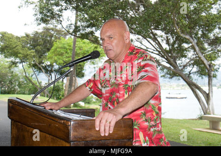 FORD ISLAND — Dennis Drake, public affairs director, U.S. Army Garrison-Hawaii, highlights historical facts about the Dec. 7, 1941 attacks during the Employee Recognition Ceremony at Nob Hill, on Ford Island, March 16, 2018. Employees of U.S. Army Garrison-Hawaii were honored with various awards for achievement, appreciation, length of service and retirement. (U.S. Army Stock Photo