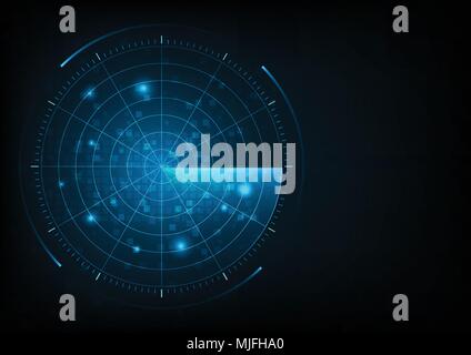 Digital blue realistic vector radar. Air search .Military search system .Navigation.Navy sonar. Stock Vector