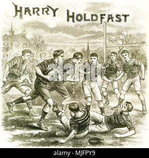 Engraving of boys playing rugby under the story heading Harry Holdfast. From an original engraving in the Boys of England magazine 1894. Stock Photo
