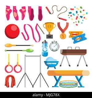 Gymnastics Icons Set Vector. Gymnastic Accessories. Ball, Rings, Mace, Hoop, Tape. Isolated Flat Cartoon Illustration Stock Vector