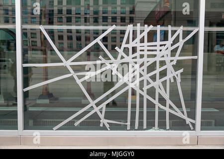A broken window repaired with duct tape during the G20 summit in Downtown Toronto, Ontario, Canada. Stock Photo