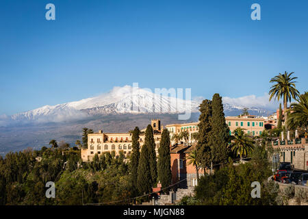 Town of Taormina with Mount Etna, Sicily. Stock Photo