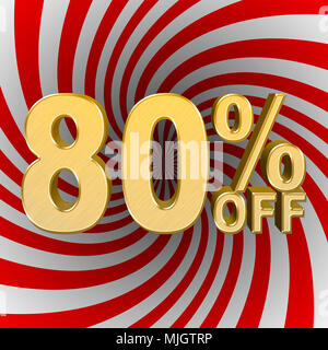 Stock Illustration - Large Golden Text: 80 Percent Off, Sale, Golden Numbers, 3D Illustration, Red and White Twisted Background. Stock Photo