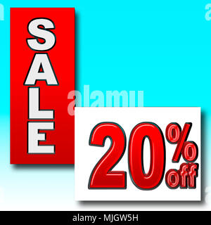 Stock Illustration - Red 20 Percent Off, Red Sale, Blue Gradient Background, 3D Illustration. Copy Space. Stock Photo