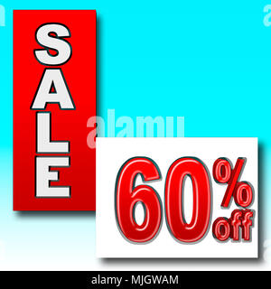 Stock Illustration - Red 60 Percent Off, Red Sale, Blue Gradient Background, 3D Illustration. Copy Space. Stock Photo