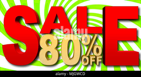 Stock Illustration - Large Golden Text: 80 Percent Off, Large Red Text: Sale, Green and White Spiral Background, 3D Illustration. Stock Photo