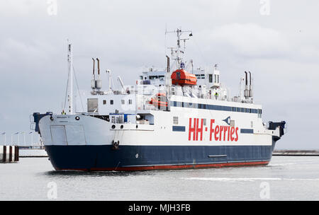 Helsingborg, Sweden - April 14, 2017: The car ferry Mercandia IV operated by HH-Ferries arriving the port in Helsingborg from Helsingor in Denmark. Stock Photo